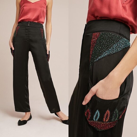 Anthropologie Pants - NWT Anthropologie RAGA Black Satin Beaded Straight Leg Pants